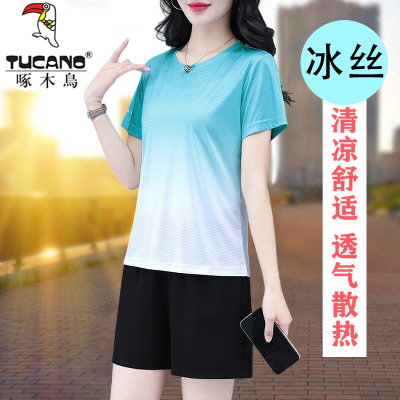 啄木鸟冰丝运动服套装女夏季2025年新款妈妈装休闲薄款短裤两件套