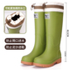 绿色雨鞋 加棉厨房水靴 露营徒步登山涉水胶鞋 女款 束口松紧雨靴时尚