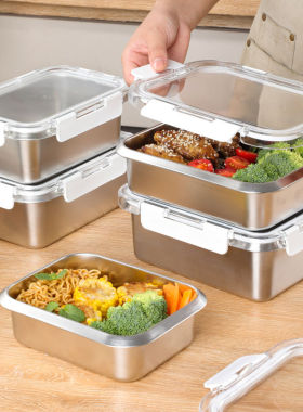 304不锈钢保鲜盒进口透明PC盖饭盒密封盒带饭餐盒冰箱水果便当盒