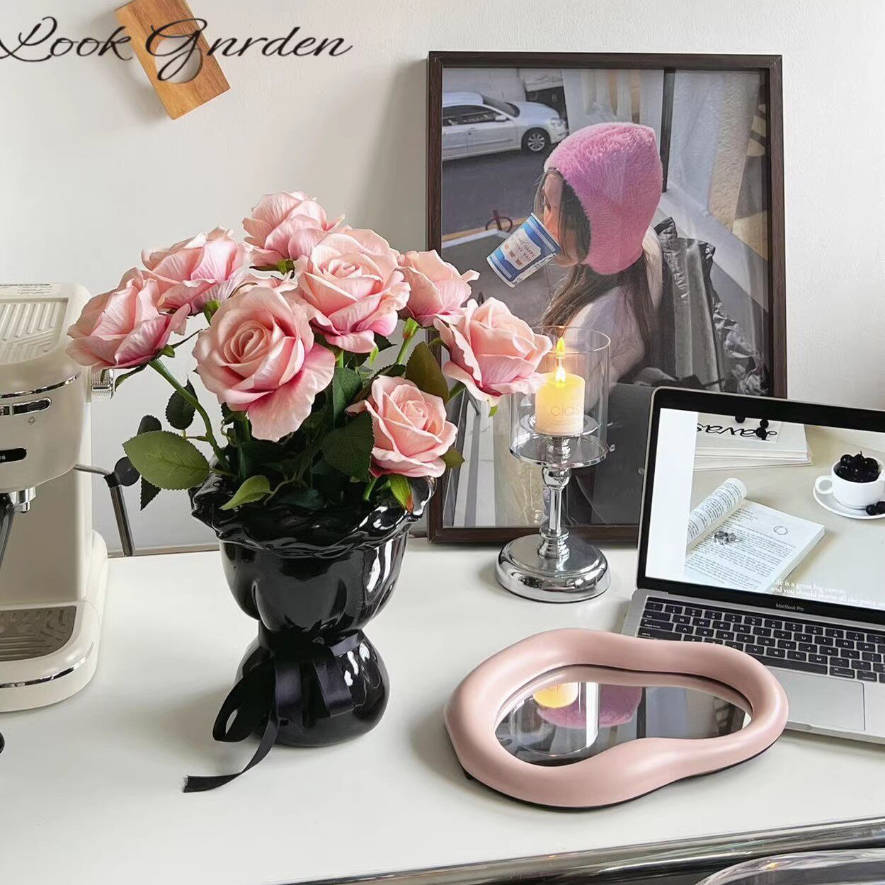 仿真花玫瑰花客厅餐桌装饰花摆件白玫瑰单支花束瀑布玫瑰拍照假花