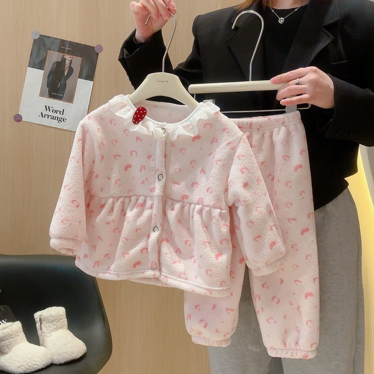 韩系甜美女童居家睡衣秋冬款花边开衫保暖宝宝舒适家居服童装套装
