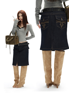 common in 0120 涉谷辣妹时尚百搭撞色线牛仔裙水洗加绒显瘦半裙