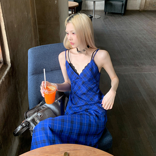 克莱因蓝格子连衣裙 0120 v领复古格纹开叉吊带裙女 Common