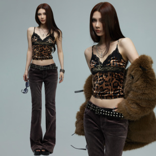 辣妹风豹纹丝绒V领背心蕾丝拼接镂空吊带 0120野性性感 common