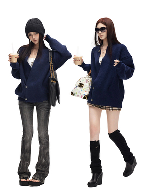 common in 0120 藏青色针织开衫女慵懒风简约宽松单排扣毛衣外套