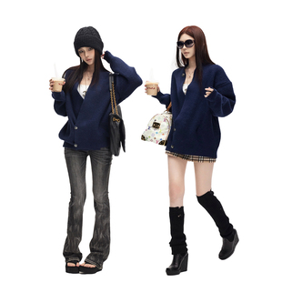 藏青色针织开衫 0120 女慵懒风简约宽松单排扣毛衣外套 common