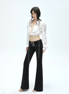 Common in 0120 辣妹低腰方扣腰带休闲微弹修身微喇直筒长裤