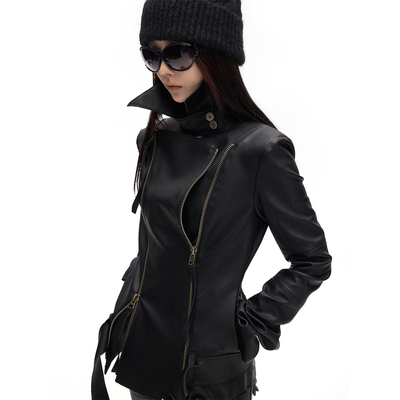 古着翻领双开拉链多穿法皮衣外套