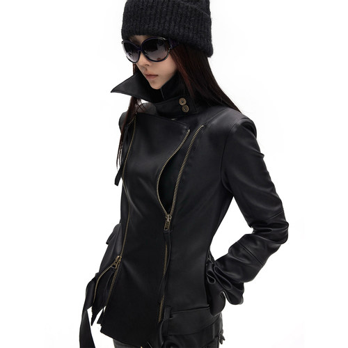 古着翻领双开拉链多穿法皮衣外套