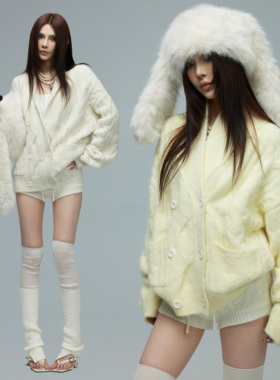 common in 0120 随遇而搭V领立体绞花双排扣针织开衫秋冬百搭毛衣