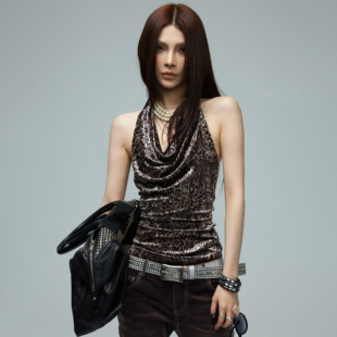 common 0120夜猎者野性豹纹性感荡领露背上衣丝绒绑带挂脖背心