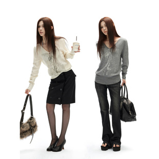 内搭打底衫 0120 针织深V人像字母印花上衣秋冬修身 美式 common