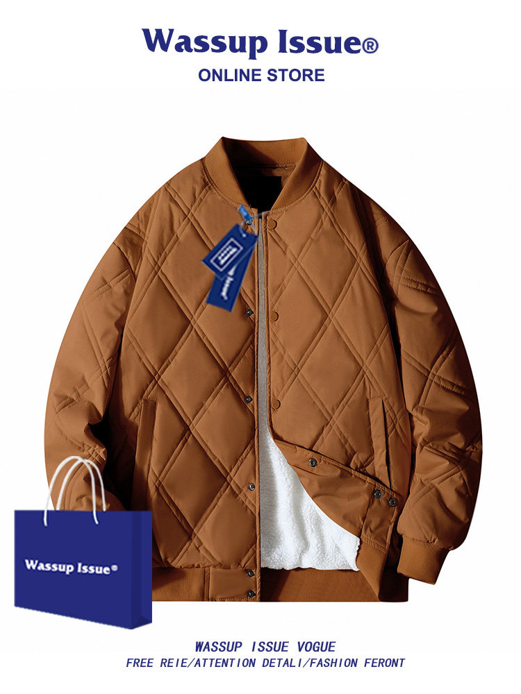 WASSUP ISSUE DIAMOND-SHAPED PLAID PADDED JACKET MENS WINTER TRENDY BRAND COUPLE PADDED JACKET VELVET THICKENED COTTON CLOTHES MEN