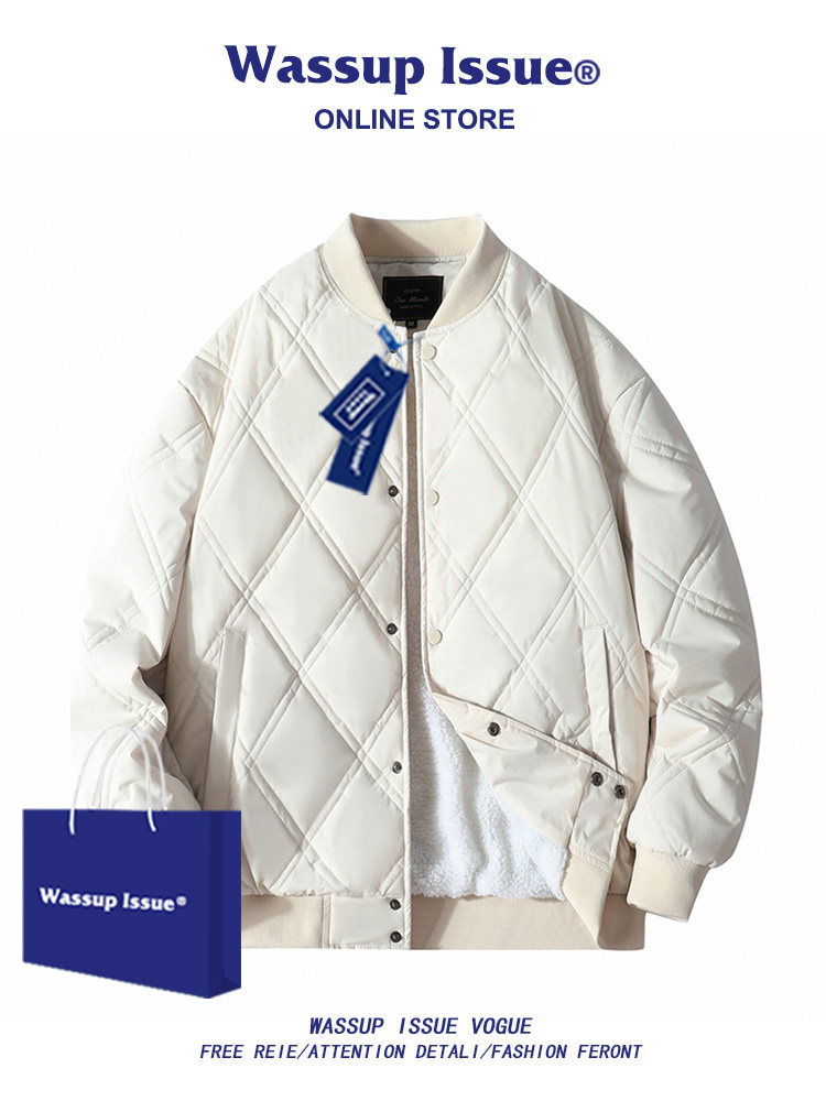 WASSUP ISSUE DIAMOND-SHAPED PLAID PADDED JACKET MENS WINTER TRENDY BRAND COUPLE PADDED JACKET VELVET THICKENED COTTON CLOTHES MEN