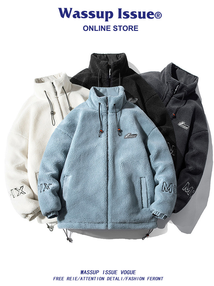 WASSUP ISSUE TRENDY BRAND LAMBSWOOL JACKET MENS COTTON JACKET FLEECE THICKENED WINTER COTTON JACKET LAMB FLEECE COTTON CLOTHING