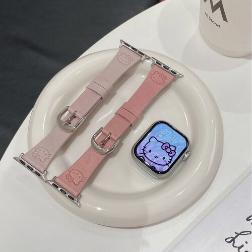 Kitty猫卡通印花皮质表带适用苹果手表iwatch11代987654Ultra/SE