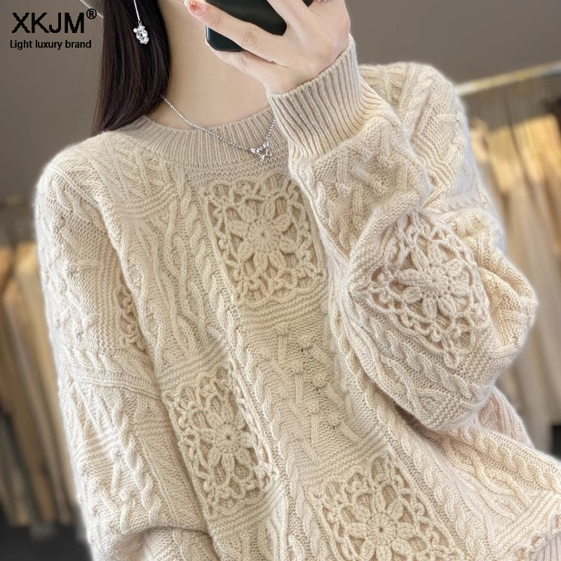 钩花镂空秋冬毛衣女加厚2025新款纯羊毛衫高级感大码气质打底衫