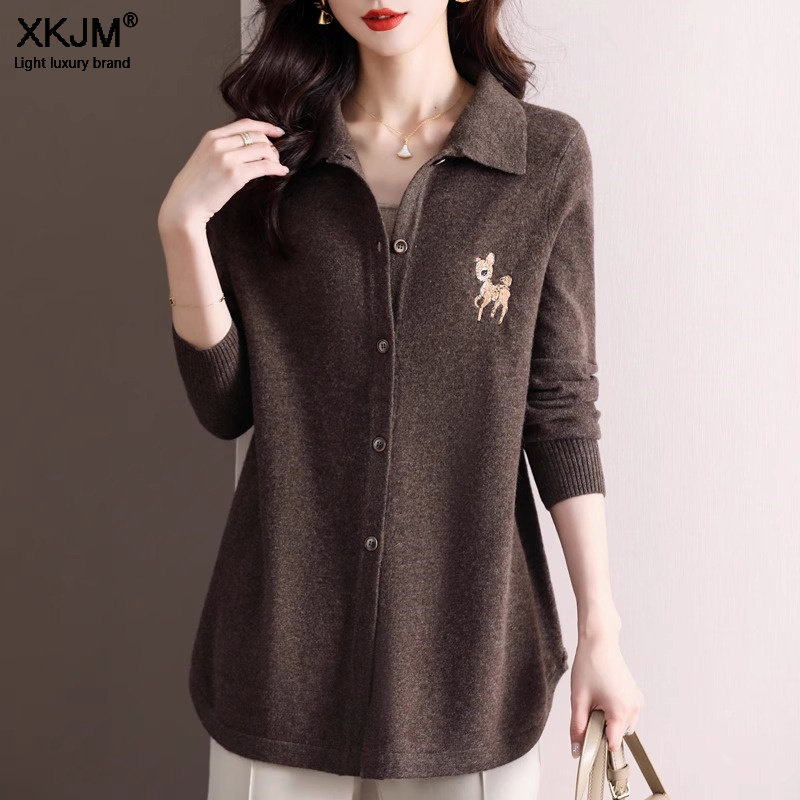 2025新款羊毛衫女毛衣衬衫翻领羊毛针织开衫外套中长款秋搭外穿