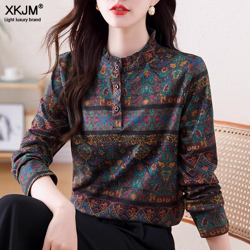 碎花立领长袖德绒衬衫女士2025春秋冬内搭舒适内搭衬衫外穿上衣