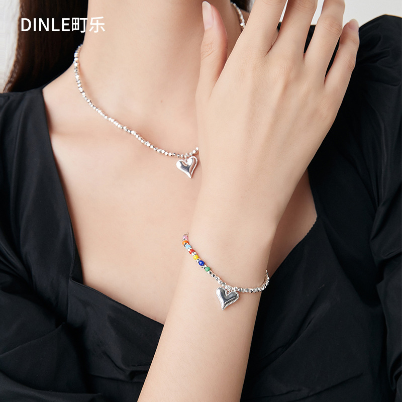 2025新款彩色串珠碎银几两爱心项链甜酷风女款颈链精致锁骨链饰品