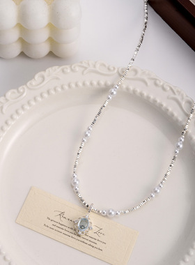 蓝色碎银子珍珠项链女款2025新款高级感锁骨链轻奢小众颈链配饰