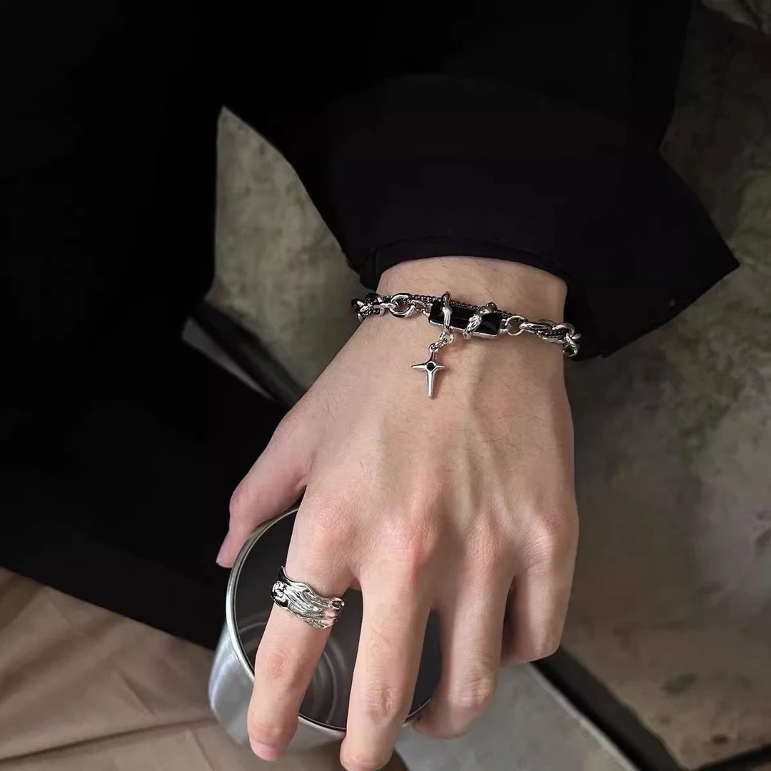暗黑风十字架链条手链男女小众高级感潮酷银饰戒指套装