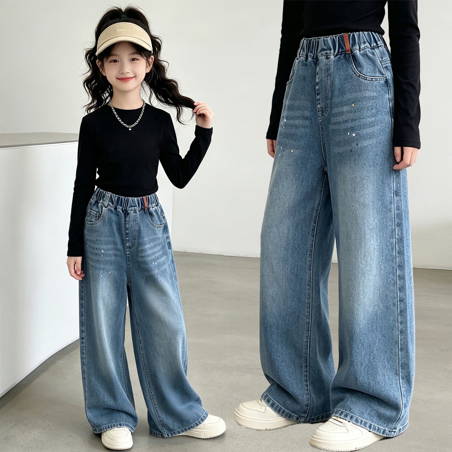 女童2026春秋新款长裤女孩潮流时尚牛仔裤初中生洋气穿搭阔腿裤子