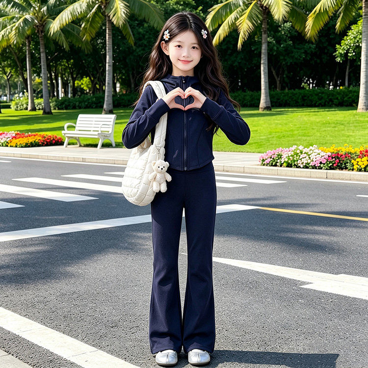 女童秋装休闲瑜伽服套装2026新款洋气初中生连帽卫衣喇叭裤两件套