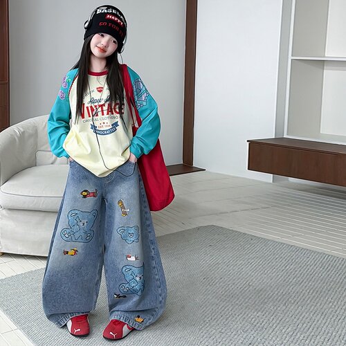 女童裤子2026新款春秋季时尚烫钻插肩袖百搭阔腿牛仔裤中大童潮酷