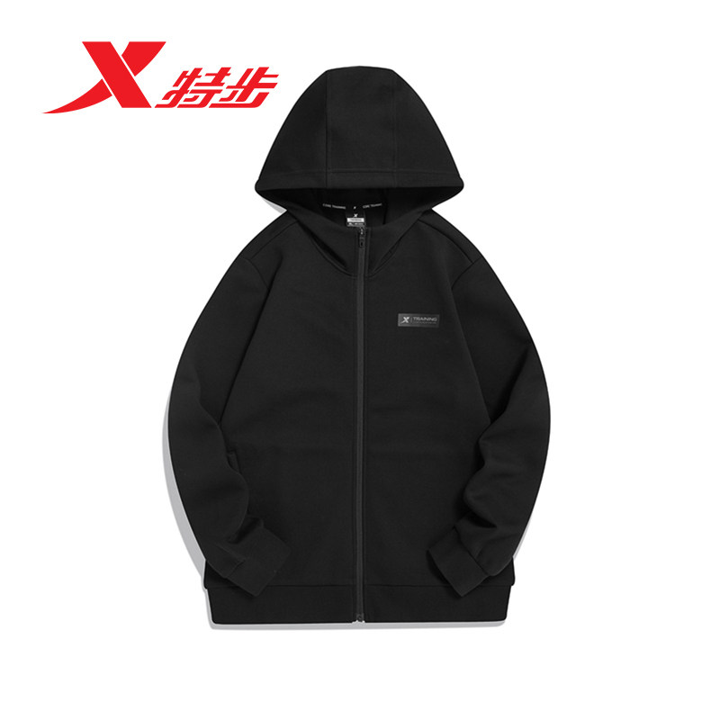 汪东城特步外套男款2023春季新款正品运动休闲保暖针织连帽上衣黑