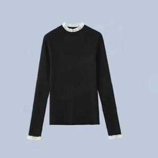 大洪官方严选店氛围叠搭木耳边针织衫优雅显瘦百搭圆领长袖打底衫