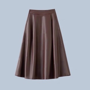 大洪官方严选店赫本风优雅PU皮裙秋冬高腰a字显瘦显高伞裙半身裙