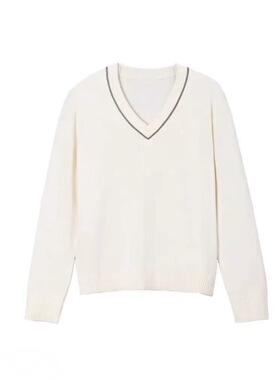 【邂逅BC】官方经典款秋冬珠链装饰V领针织衫绵羊毛混纺百搭毛衣