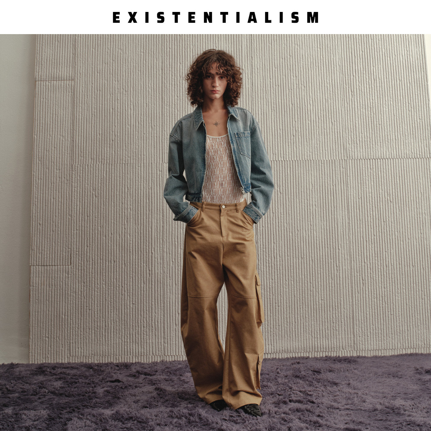 EXISTENTIALISM 短款牛仔夹克女 翻领做旧水洗丹宁正肩工装外套