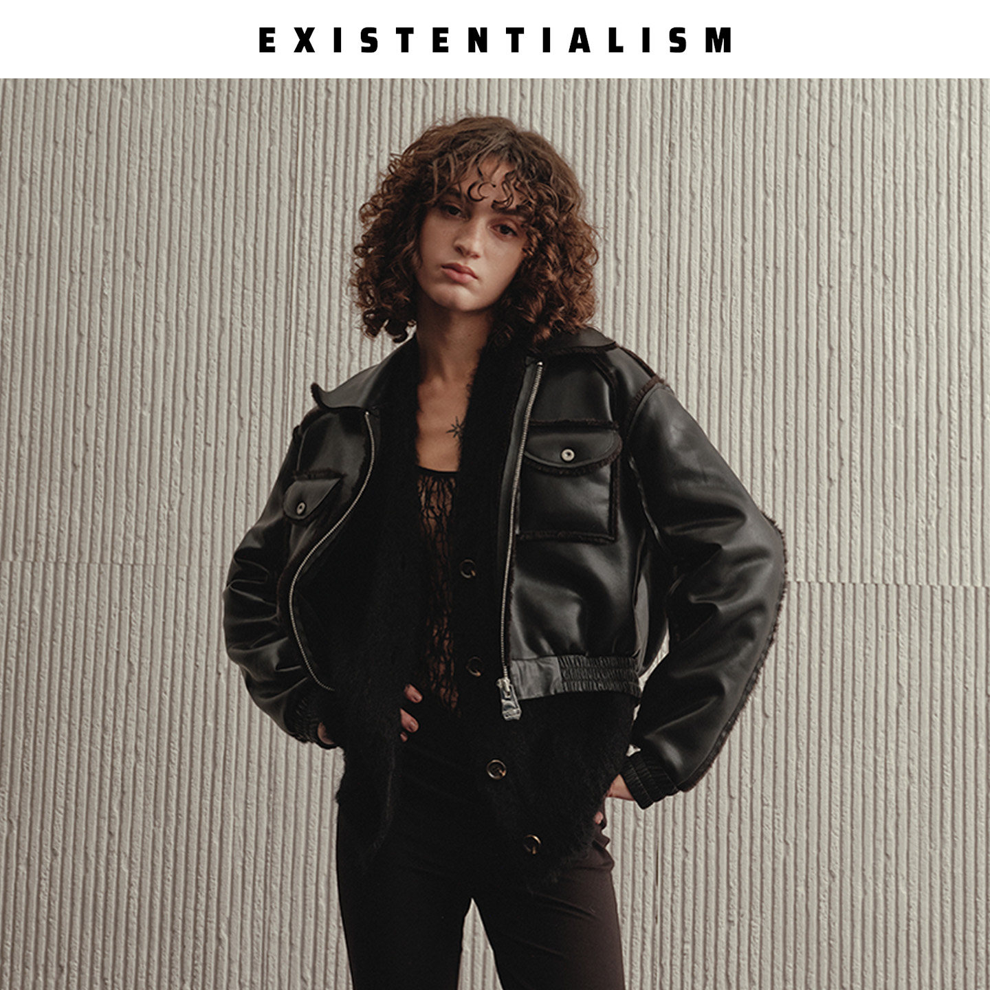 EXISTENTIALISM 冬季新款 皮毛一体外套女工装风口袋皮夹克外衣