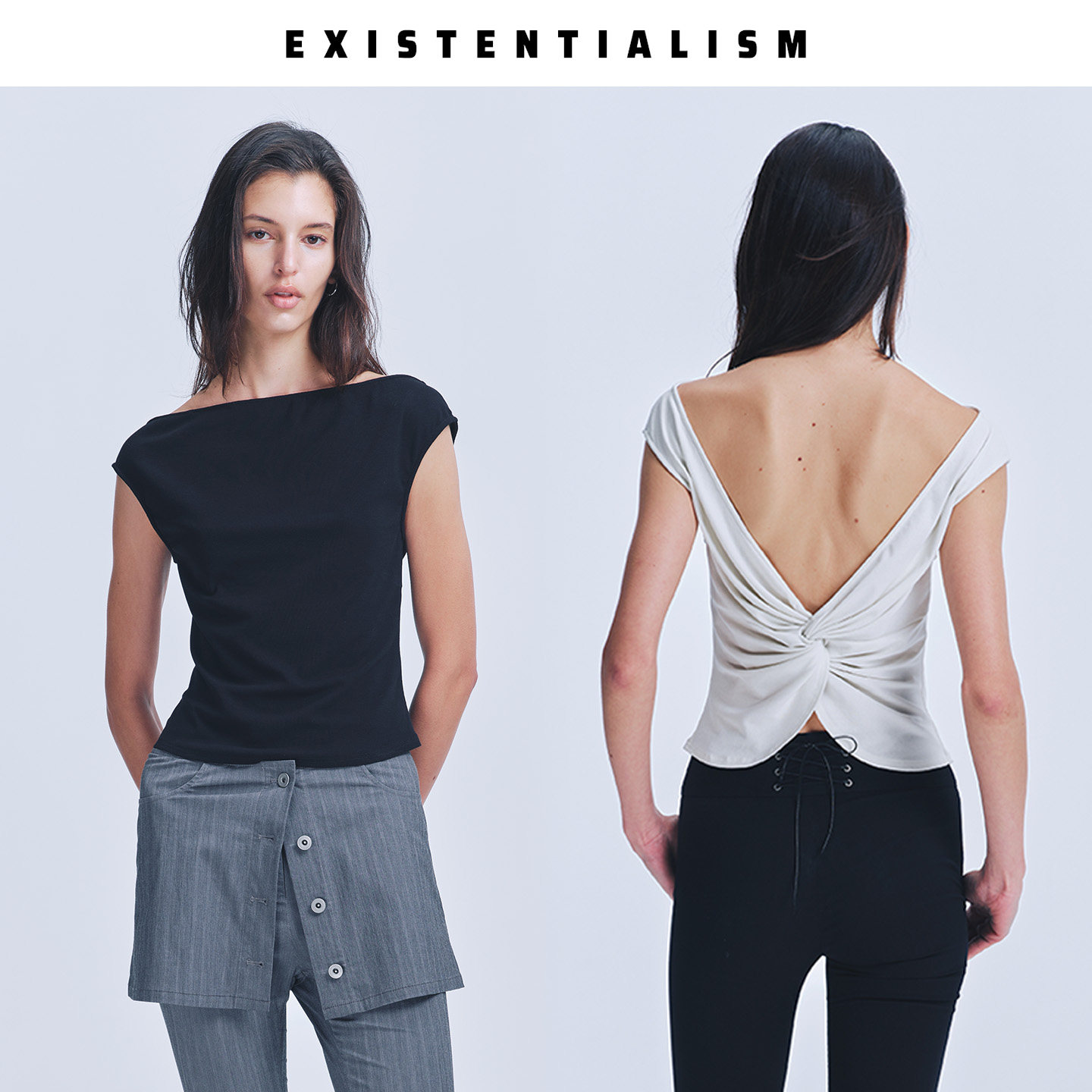 EXISTENTIALISM春夏新款女装扭褶针织短袖女生气质别致设计感内搭