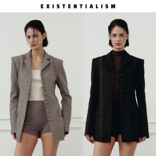 EXISTENTIALISM 春夏新款黑色欧式复古修身羊毛西装外套女气质