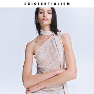 EXISTENTIALISM26SS新款镂空蕾丝斜肩背心女温柔挂脖飘带无袖上衣