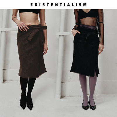EXISTENTIALISM  冬季新款雾面网纱拼接半裙女复古丝绒半身裙高腰