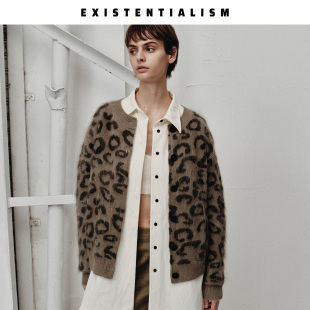 EXISTENTIALISM 冬季新款山羊绒宽松圆领开衫女复古豹纹毛衣休闲