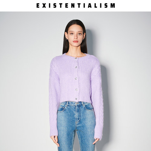EXISTENTIALISM  复古粗棒针长袖开衫女日常保暖百搭纯色毛衣