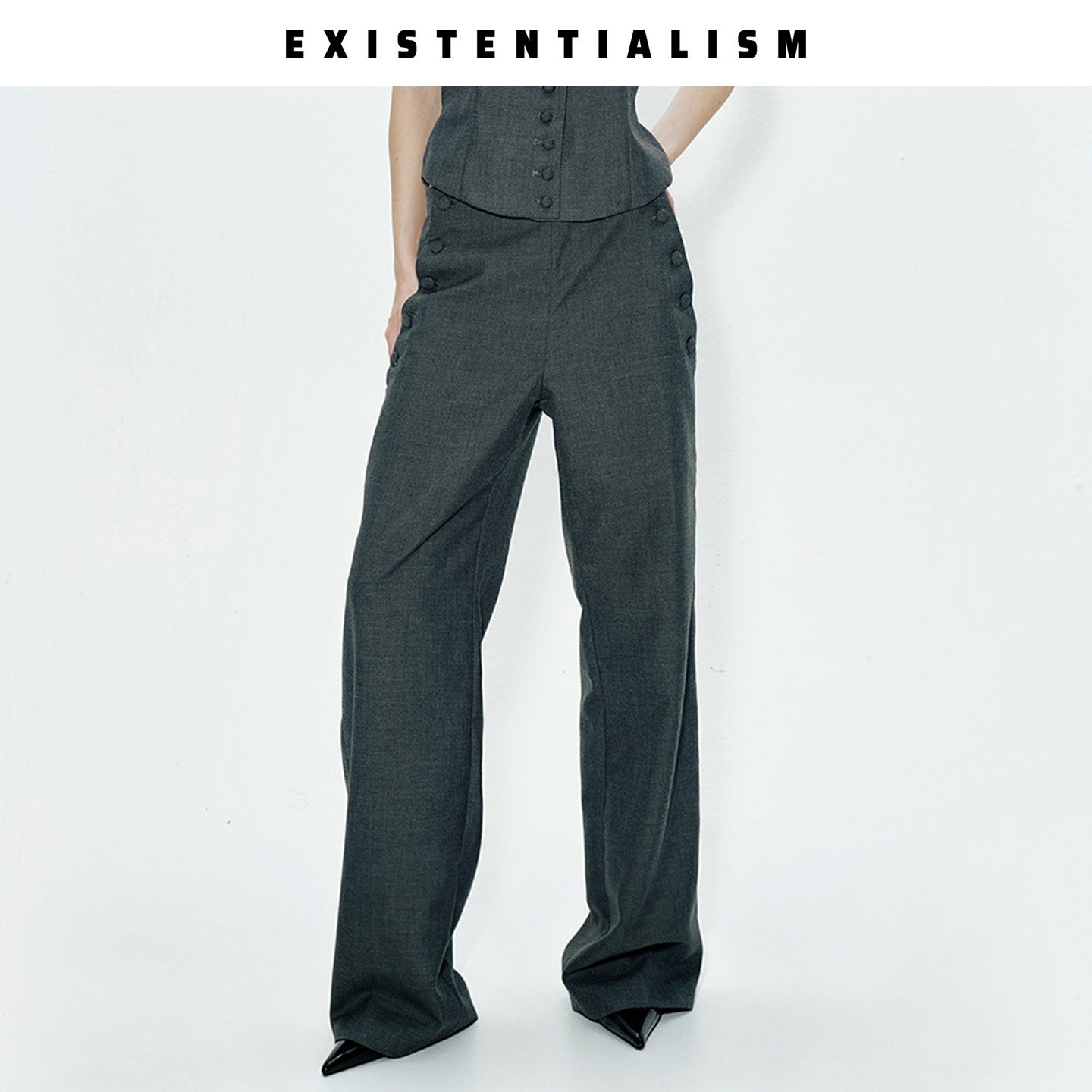 EXISTENTIALISM “Slate” 纽扣门襟西装长裤垂感通勤西裤女 灰色