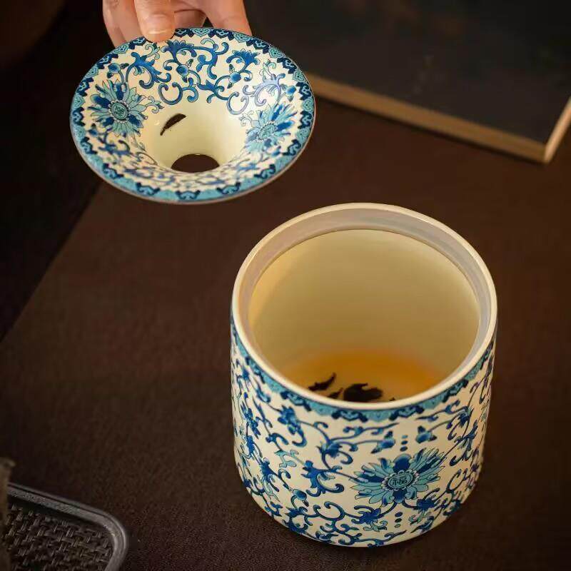 米黄汝窑青花缠枝莲烟灰缸带盖防飞灰建水水盂陶瓷茶渣缸茶道配件