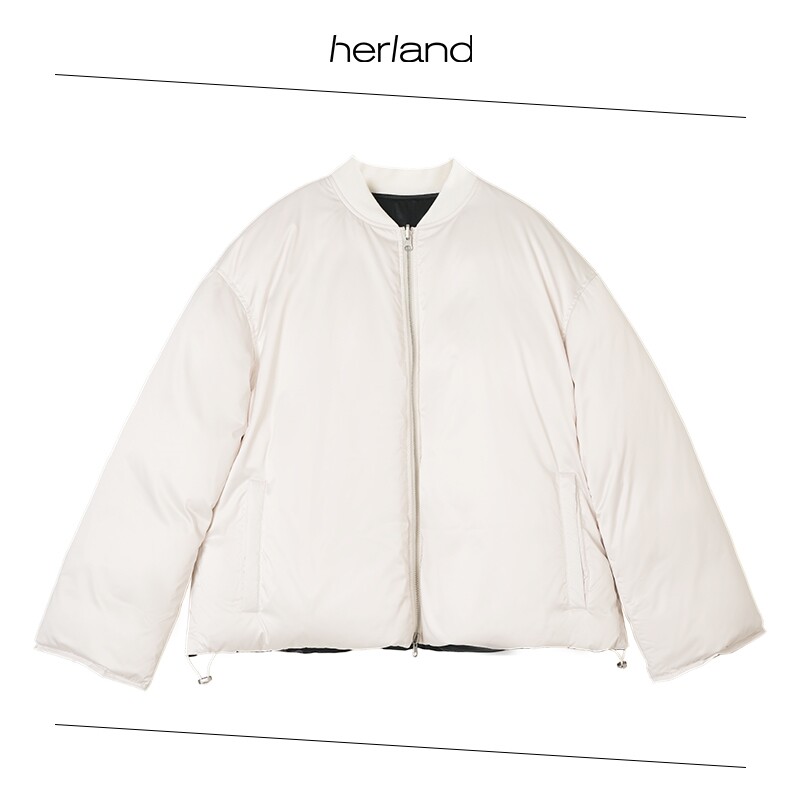 HERLAND她地 时尚百搭黑白双面短款时髦棒球式羽绒服