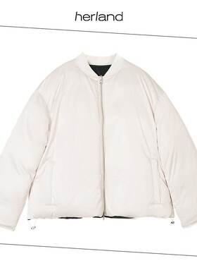 HERLAND她地 时尚百搭黑白双面短款时髦棒球式羽绒服