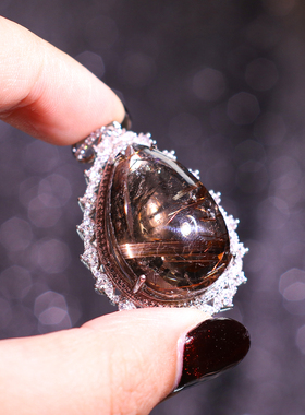 925纯银爆闪咖啡钛晶纯净体水晶吊坠项链  12.19冬至节直播间专属