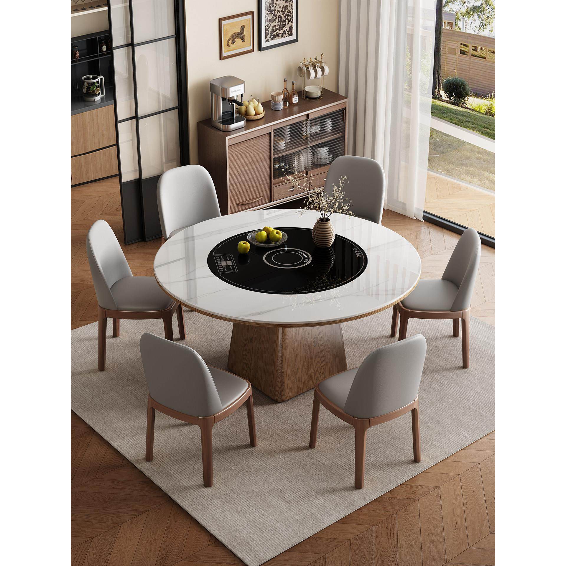 实木岩板餐桌椅组合轻奢家用现代简约圆形饭桌子内嵌电磁炉暖菜板,住宅家具,岩板餐桌,淘宝优惠券,粉丝福利购,淘宝优惠卷