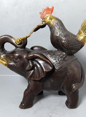 铜大象彷古做旧纯铜鎏金鸡象如意摆件家居客厅办公室桌面大象摆设
