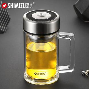 清水玻璃杯双层大容量带把办公水杯可携式带盖子过滤玻璃泡茶杯子