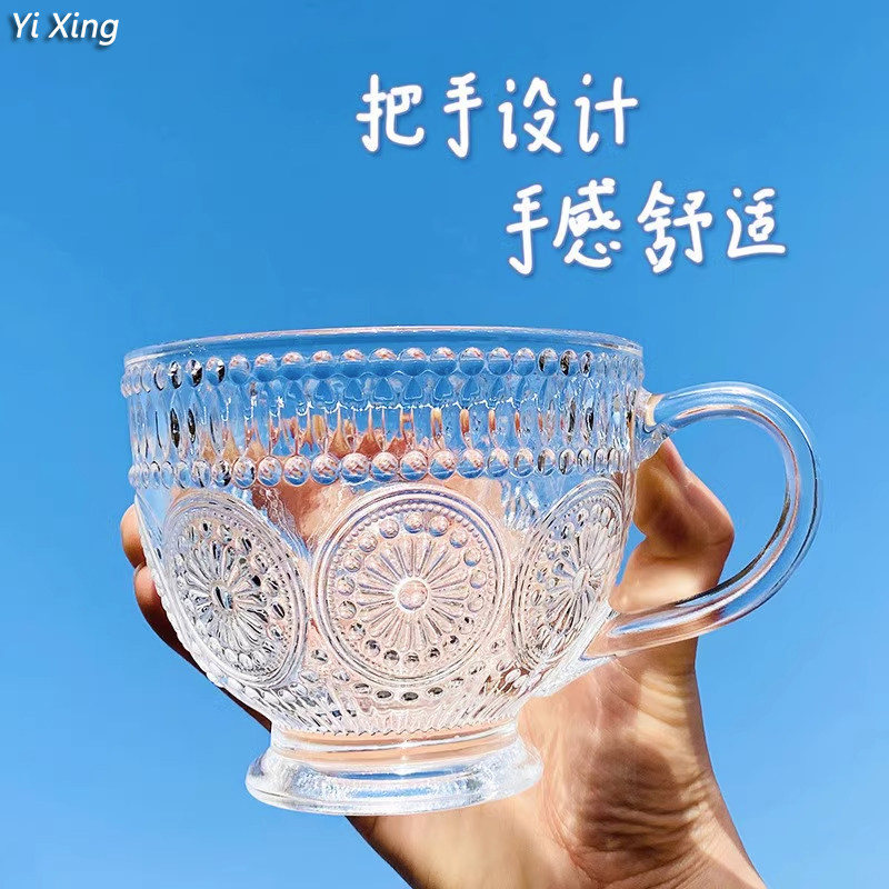 向日葵大容量玻璃杯带把覆古燕麦杯果汁牛奶早餐杯麦片碗喝水杯子